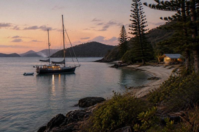 A sailing yacht at anchor in a Whitsunday bay at dusk