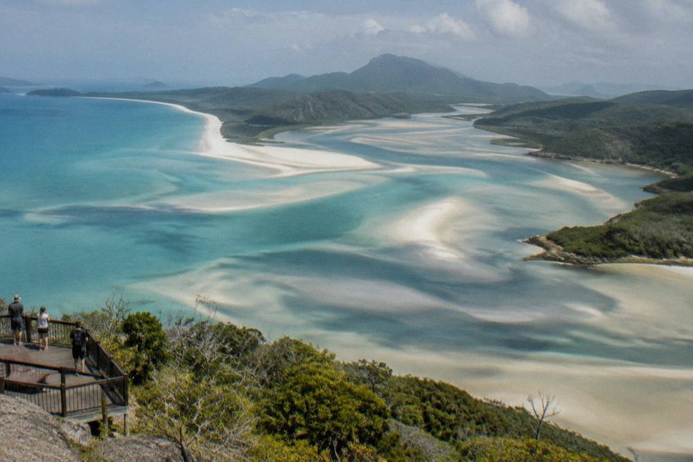 Aerial view of the swirling sand bands where Hill Inlet meets the sea at the northern end of Whitehaven Beach